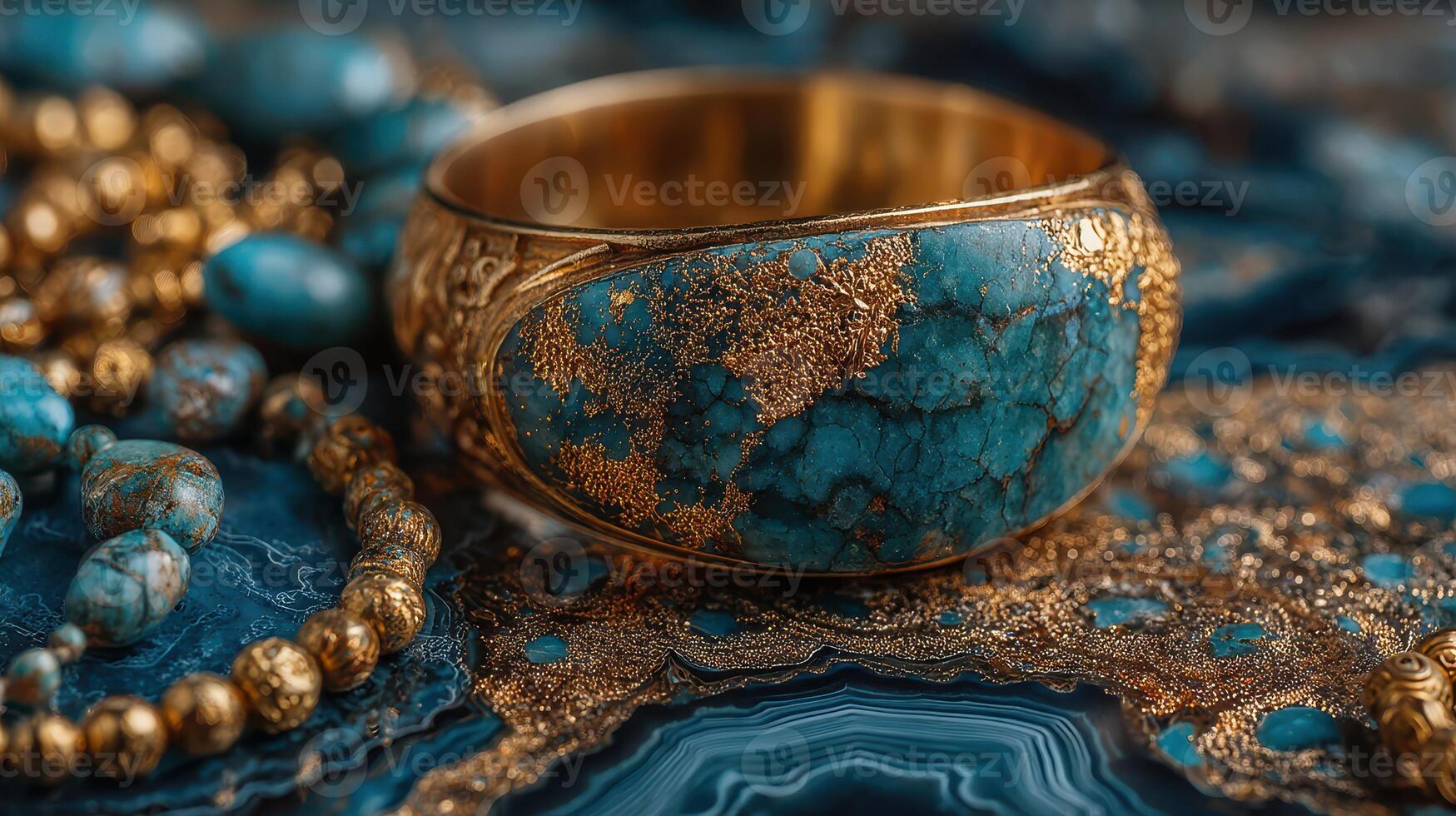 Elegant turquoise jewelry showcased on intricate golden fabric with gemstones in a luxurious setting photo
