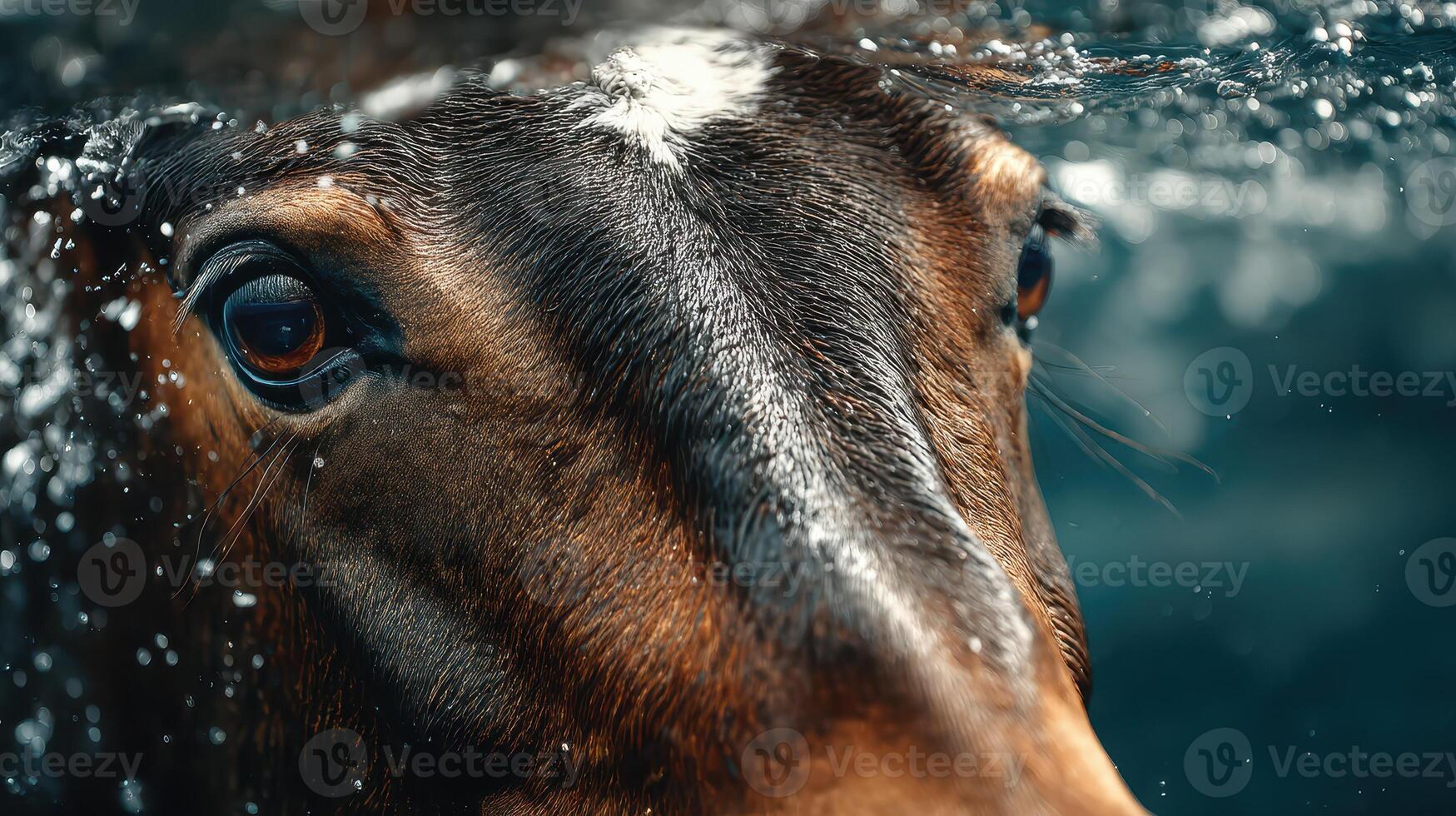 Cow emerging from water, showcasing a close-up view of its expressive eyes and wet fur during a sunny afternoon photo