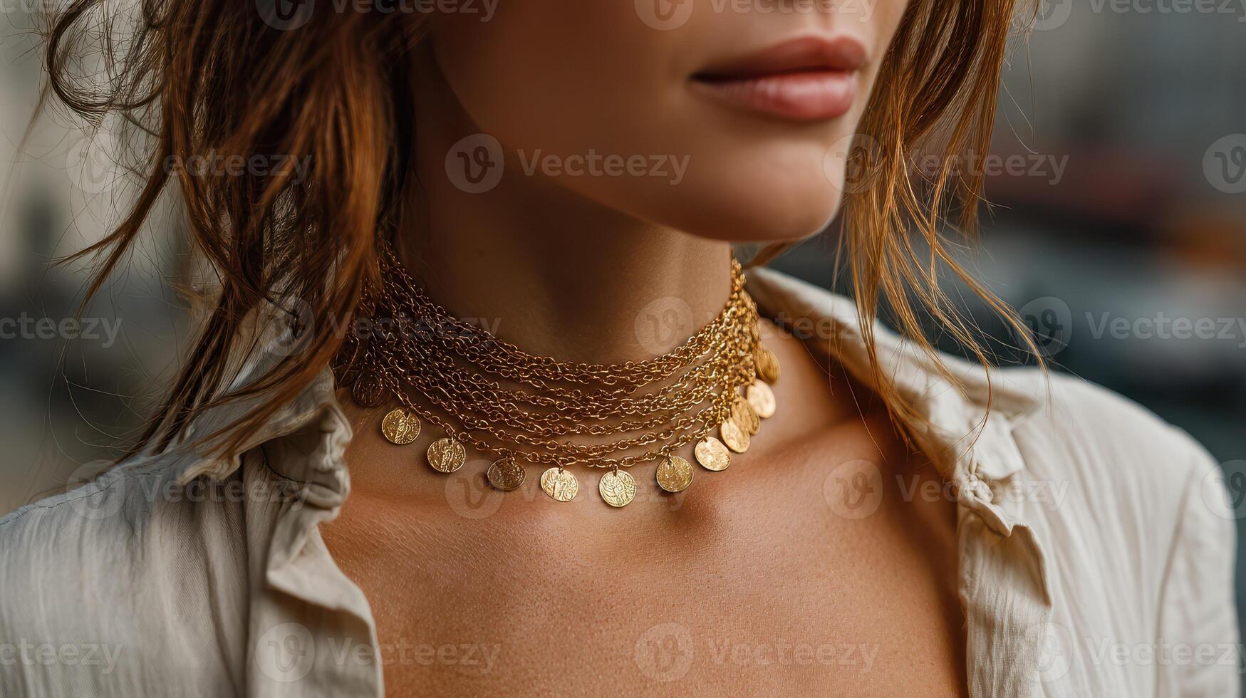 Elegant layered gold necklace worn by a woman in a serene outdoor setting during golden hour photo
