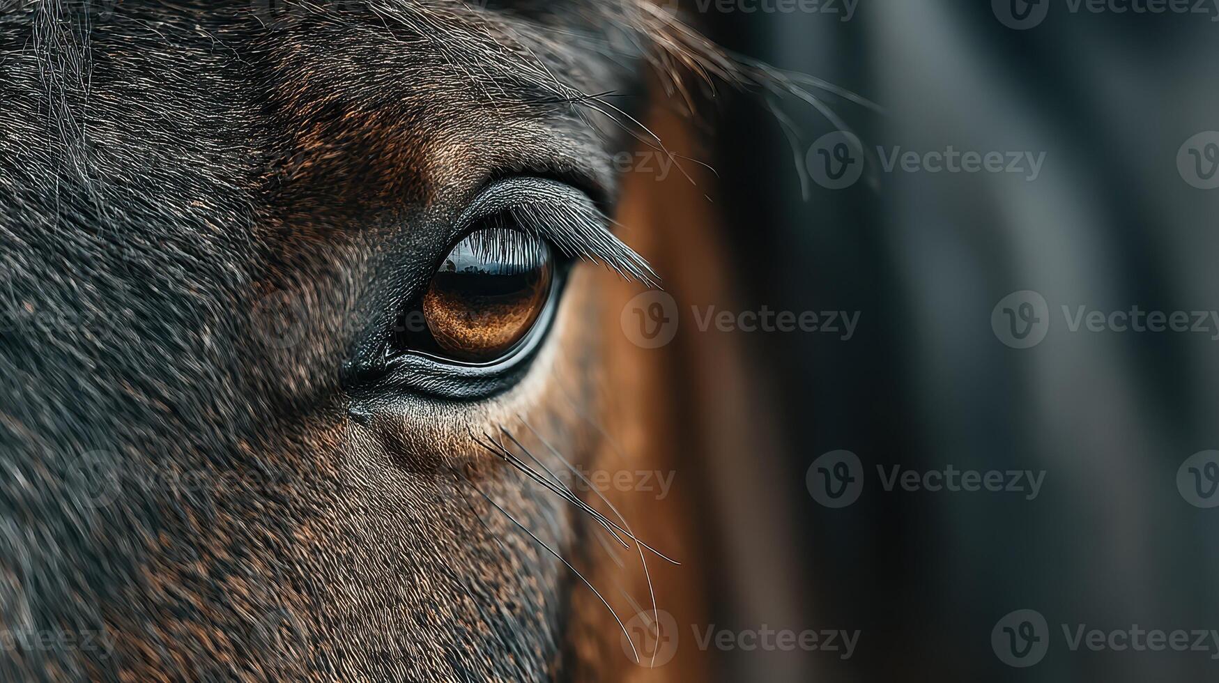 Close-up view of a brown horse eye reflecting depth and emotion on a serene afternoon photo