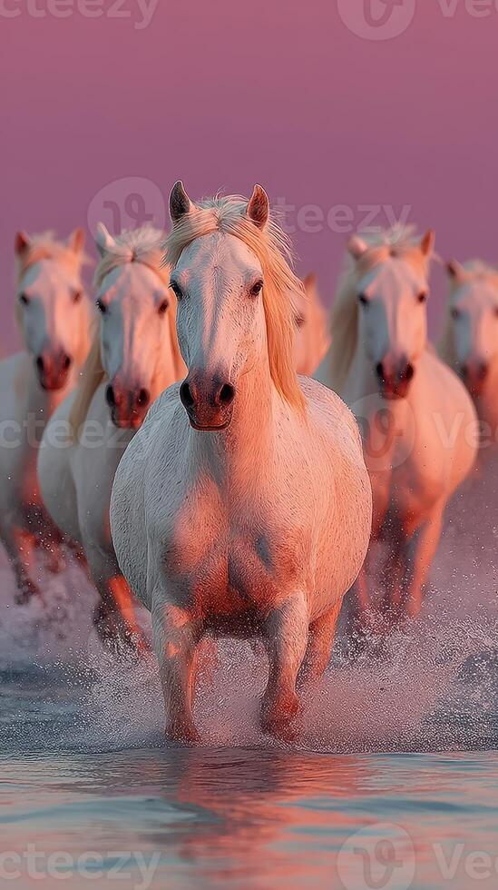 White horses galloping through shallow water at sunset in a serene coastal landscape photo