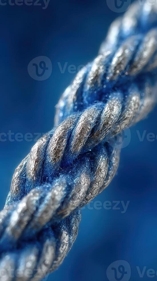 Blue and silver twisted rope showcasing texture and detail in a close-up view photo