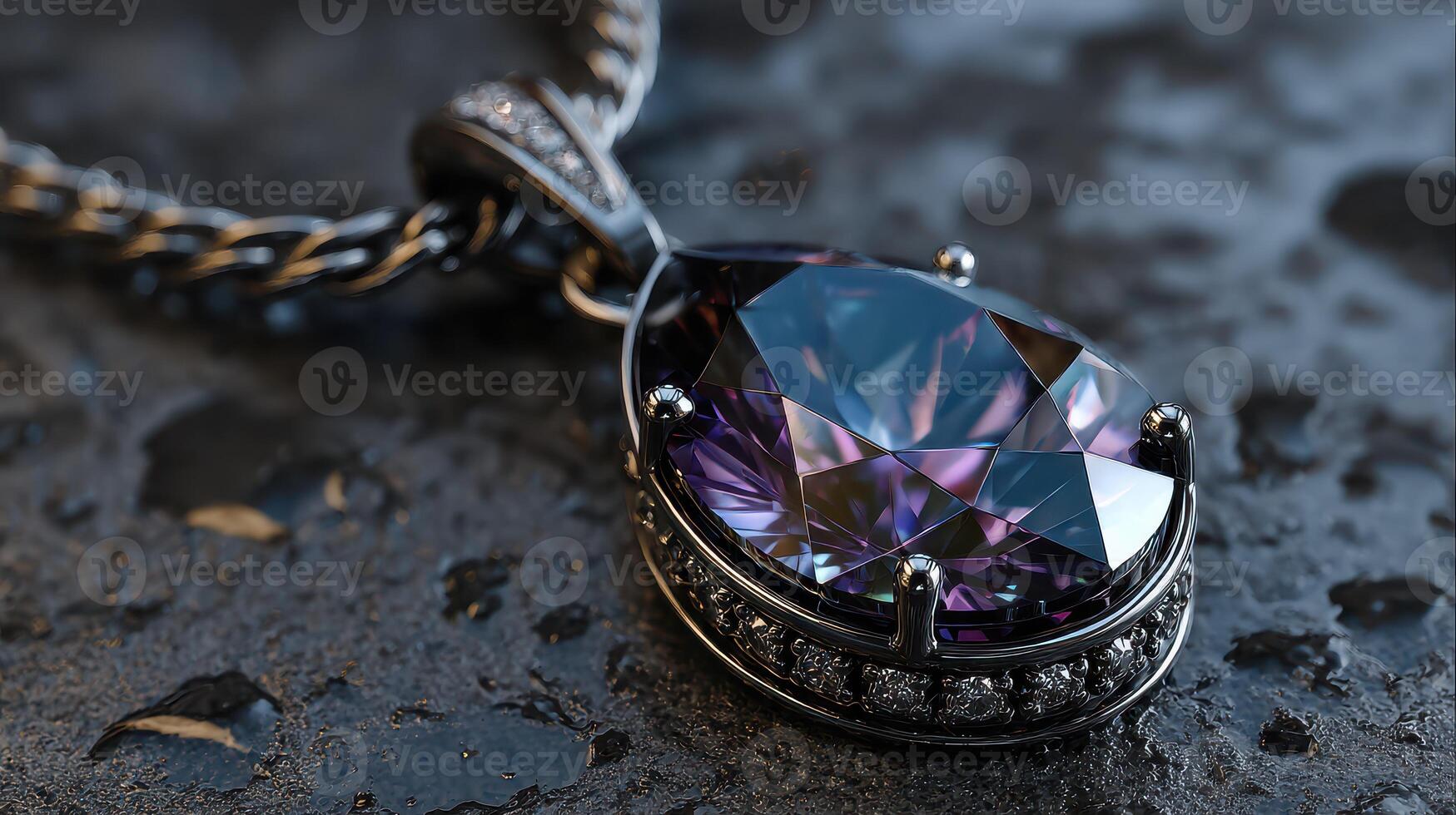 Elegant purple gemstone pendant showcasing intricate details on a dark textured surface photo