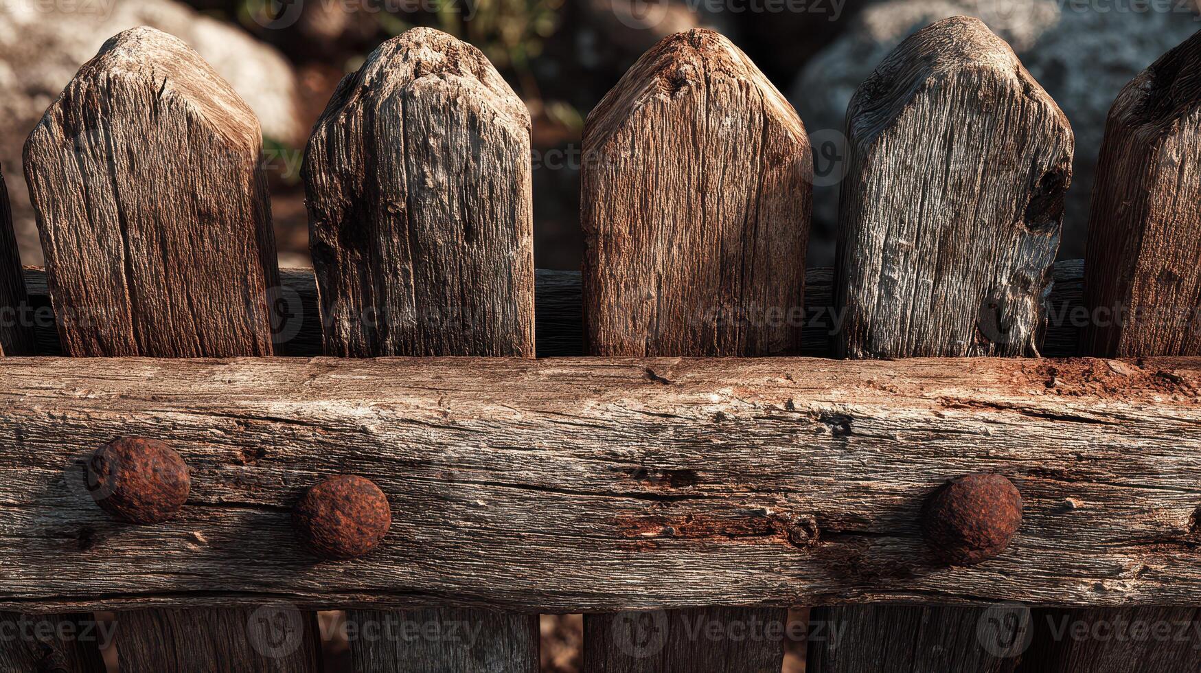 Weathered wooden fence with rusty nails in natural outdoor setting during daylight photo