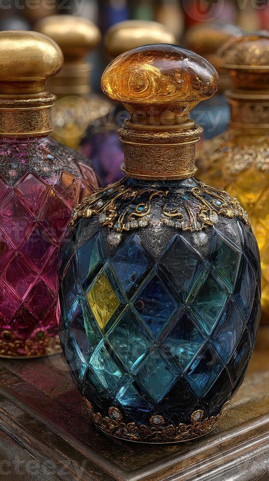 Colorful decorative perfume bottles displayed in a vibrant market setting during a sunny afternoon photo
