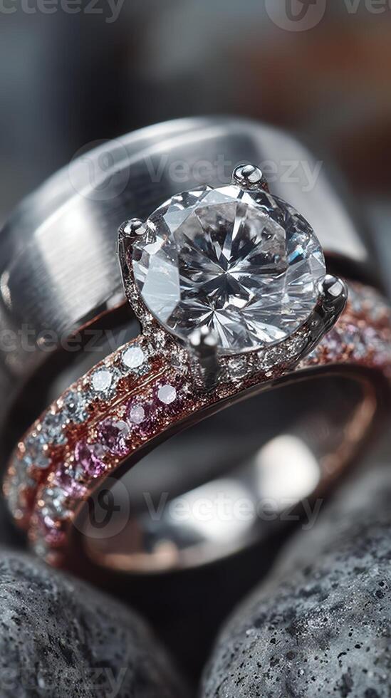 Elegant diamond engagement and wedding rings resting on gray stones showcasing intricate designs and sparkling stones photo