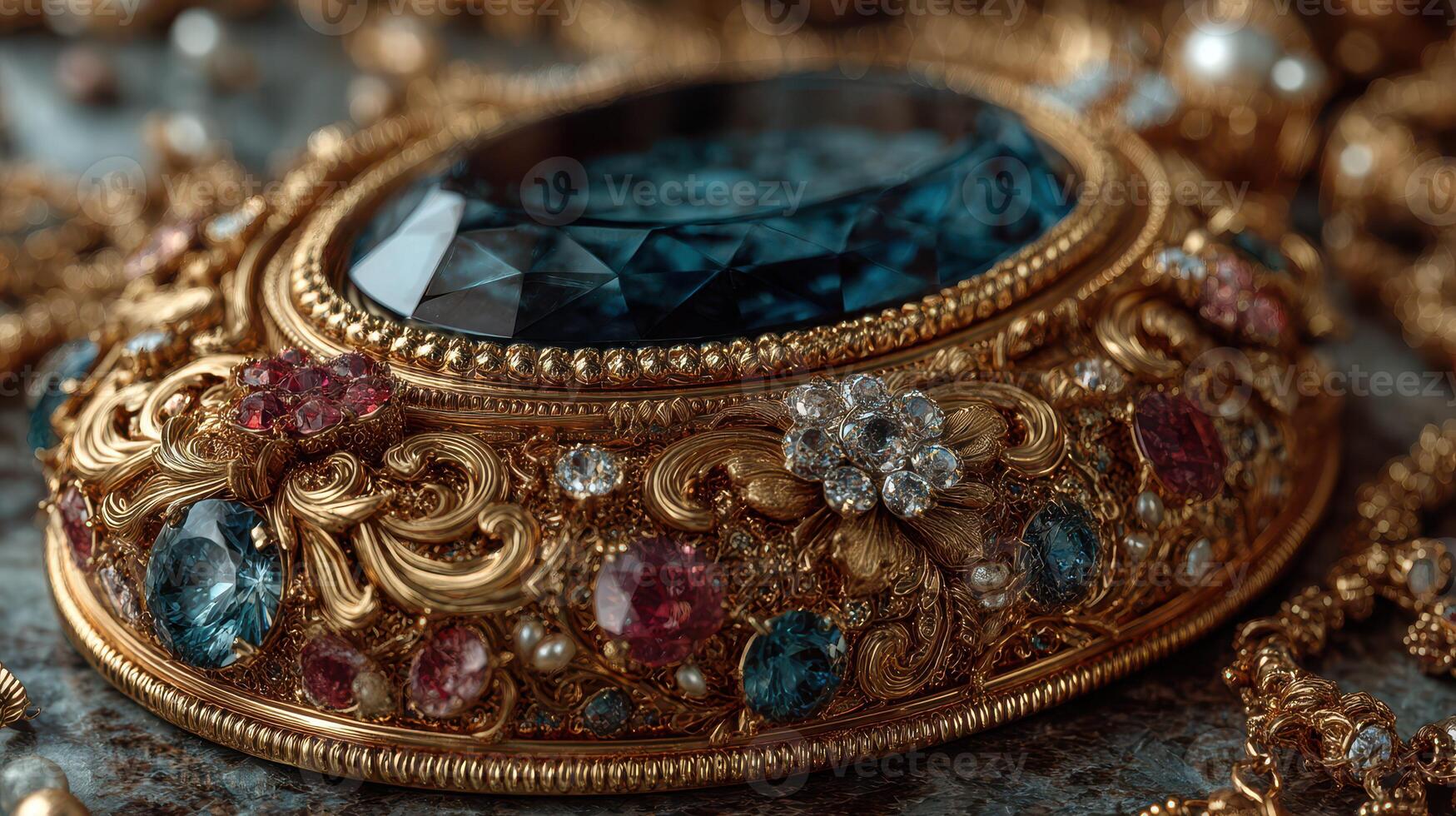 Exquisite antique brooch adorned with colorful gemstones displayed on a textured surface photo