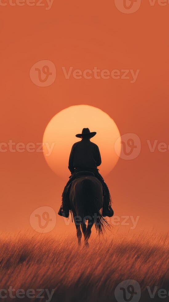 Cowboy rides into the sunset in a wide open field at dusk, silhouette against an orange sky photo