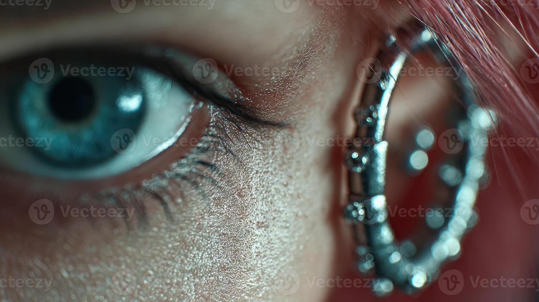 Close-up of a striking blue eye adorned with a silver earring, revealing intricate details and captivating beauty photo