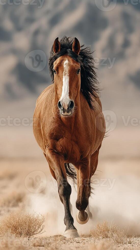 Powerful horse gallops across open landscape with mountains in the distance under bright sunlight photo