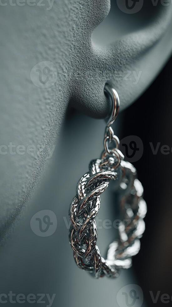 Stylish silver hoop earring showcasing intricate braided design on a neutral background for fashion enthusiasts photo