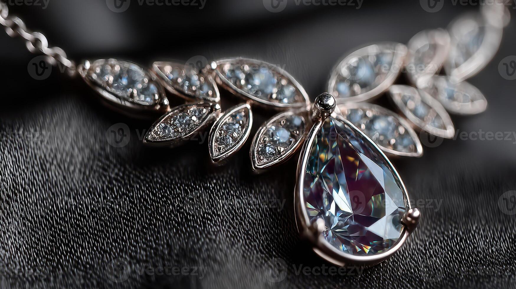 Elegant necklace with sparkling blue gemstones and intricate silver design lying on dark fabric background photo