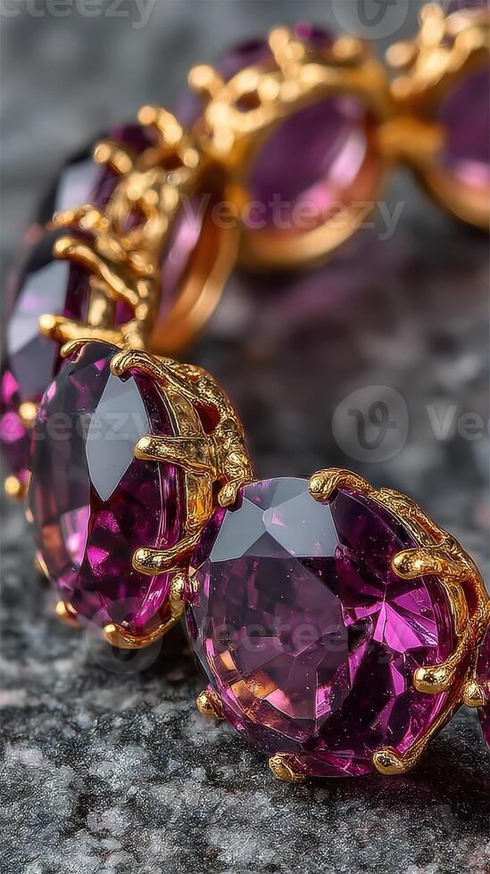 Exquisite gold and purple gemstone bracelet captured on a textured surface in daylight photo