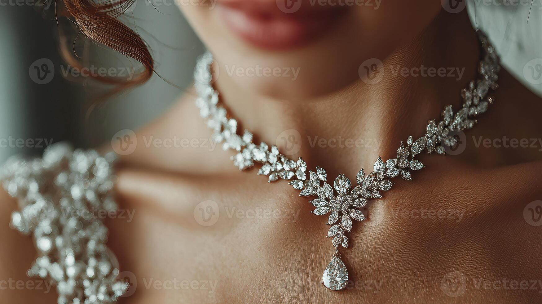 Elegant woman showcasing a stunning diamond necklace at a formal event in contemporary setting photo