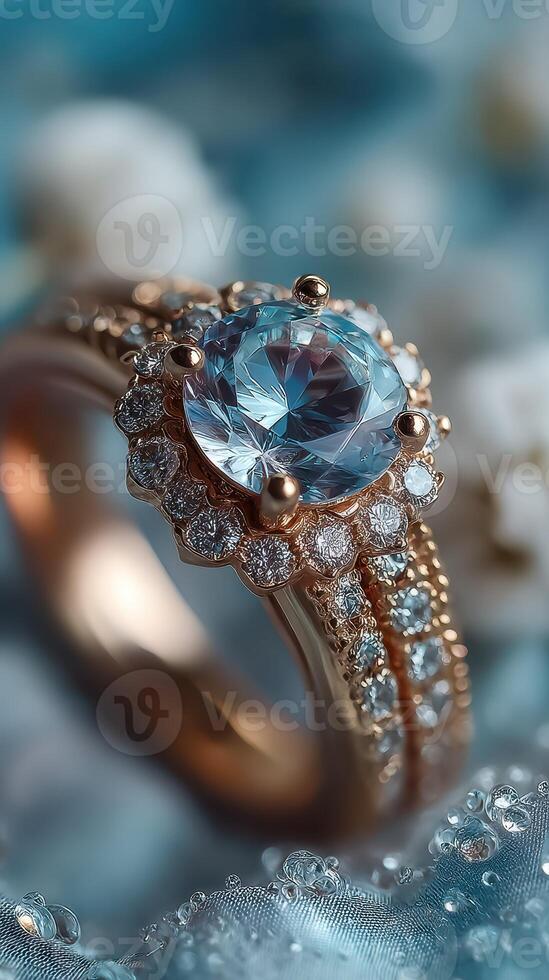 Stunning blue gemstone ring with intricate detailing showcased on a textured background with bubbles photo