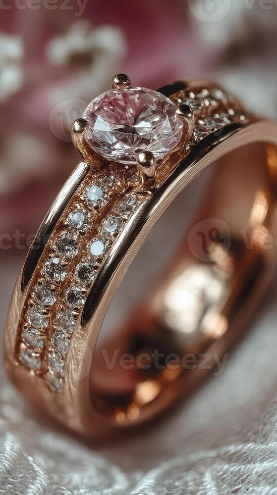 Stunning rose gold engagement ring with sparkling diamond centerpiece and intricate band design displayed on delicate fabric photo