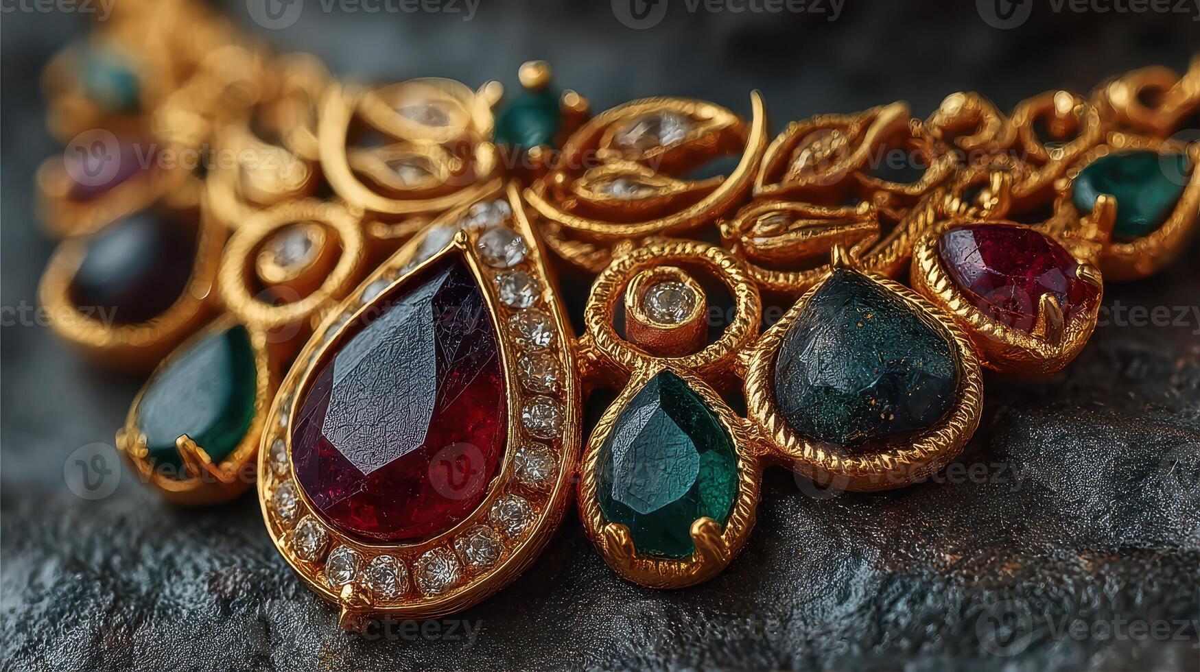 Intricate gold necklace adorned with colorful gemstones displayed on a dark textured surface photo