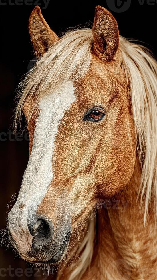 Golden horse with flowing mane poses for a close-up portrait in a stable during the afternoon light photo