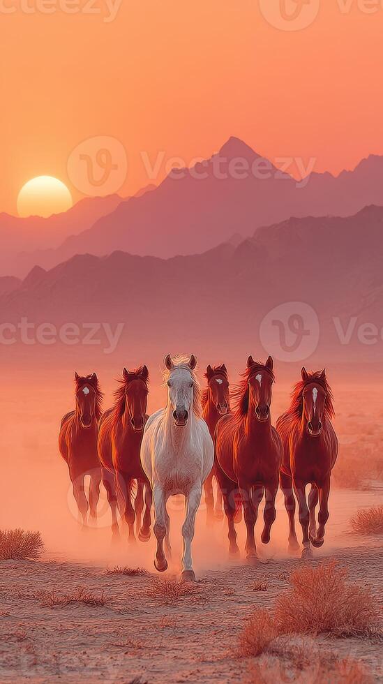Herd of horses galloping through desert landscape at sunset with mountains in the background photo