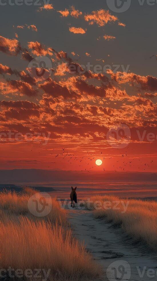 Sunset over ocean with silhouette of a horse walking along a sandy path by the water's edge photo
