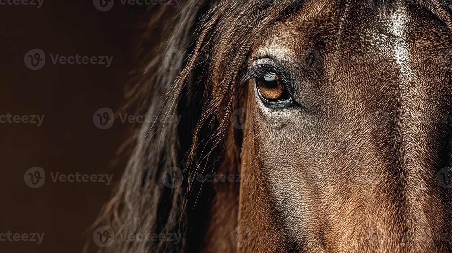 Close-up view of a brown horse's eye highlighting its expression and fur texture in a warm-toned setting photo