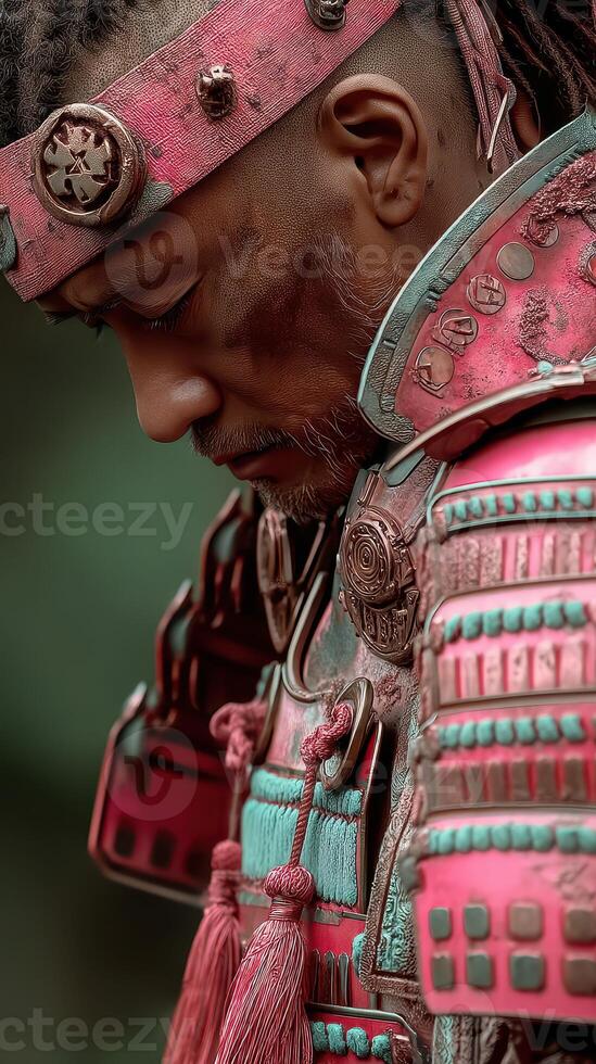 Warrior in ornate samurai armor gazes thoughtfully during a cultural festival in a serene forest setting photo
