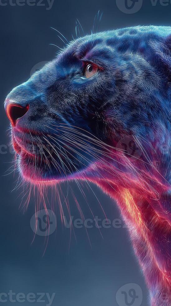 Majestic black panther gazing into the distance against a vibrant background at twilight photo