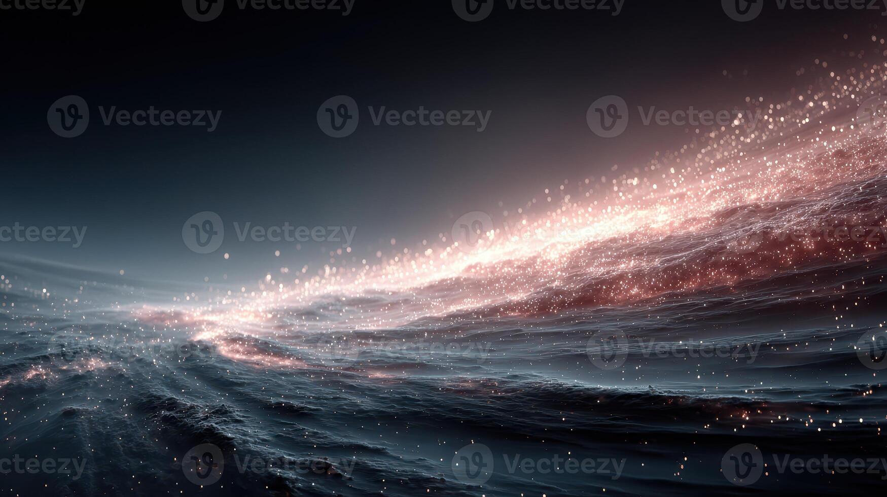 Vision of distant galaxies glowing in the dark universe with sparkling light particles in an ethereal cosmic landscape photo