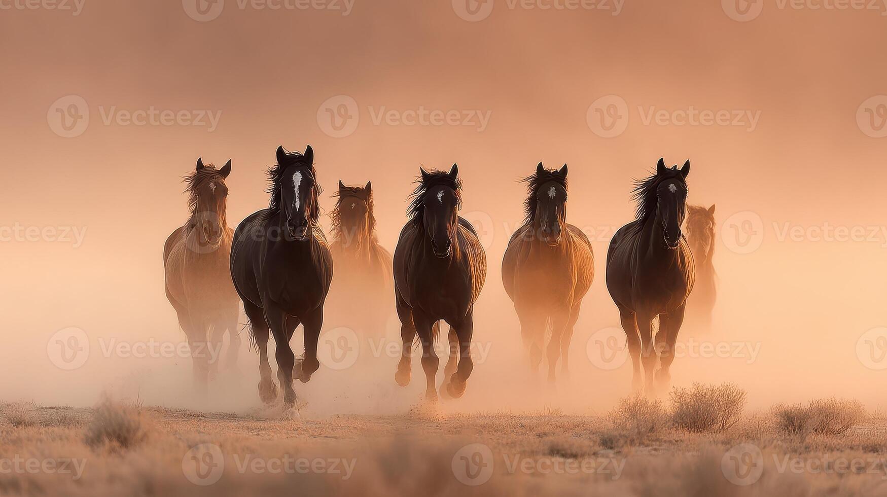 Horses gallop through a dusty landscape during golden hour, creating a stunning display of natural beauty and wild spirit photo