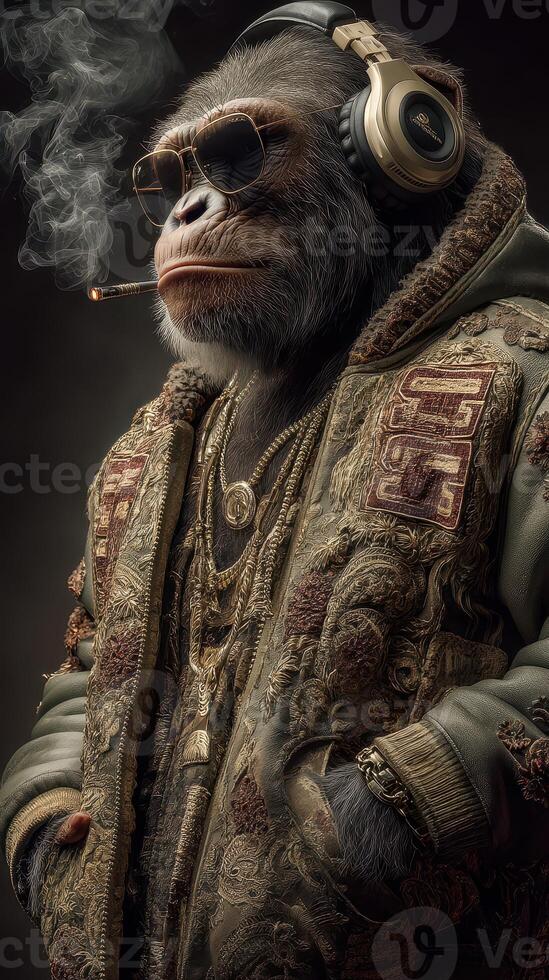 Stylish primate wearing headphones and sunglasses smokes while dressed in a vintage coat adorned with jewelry photo