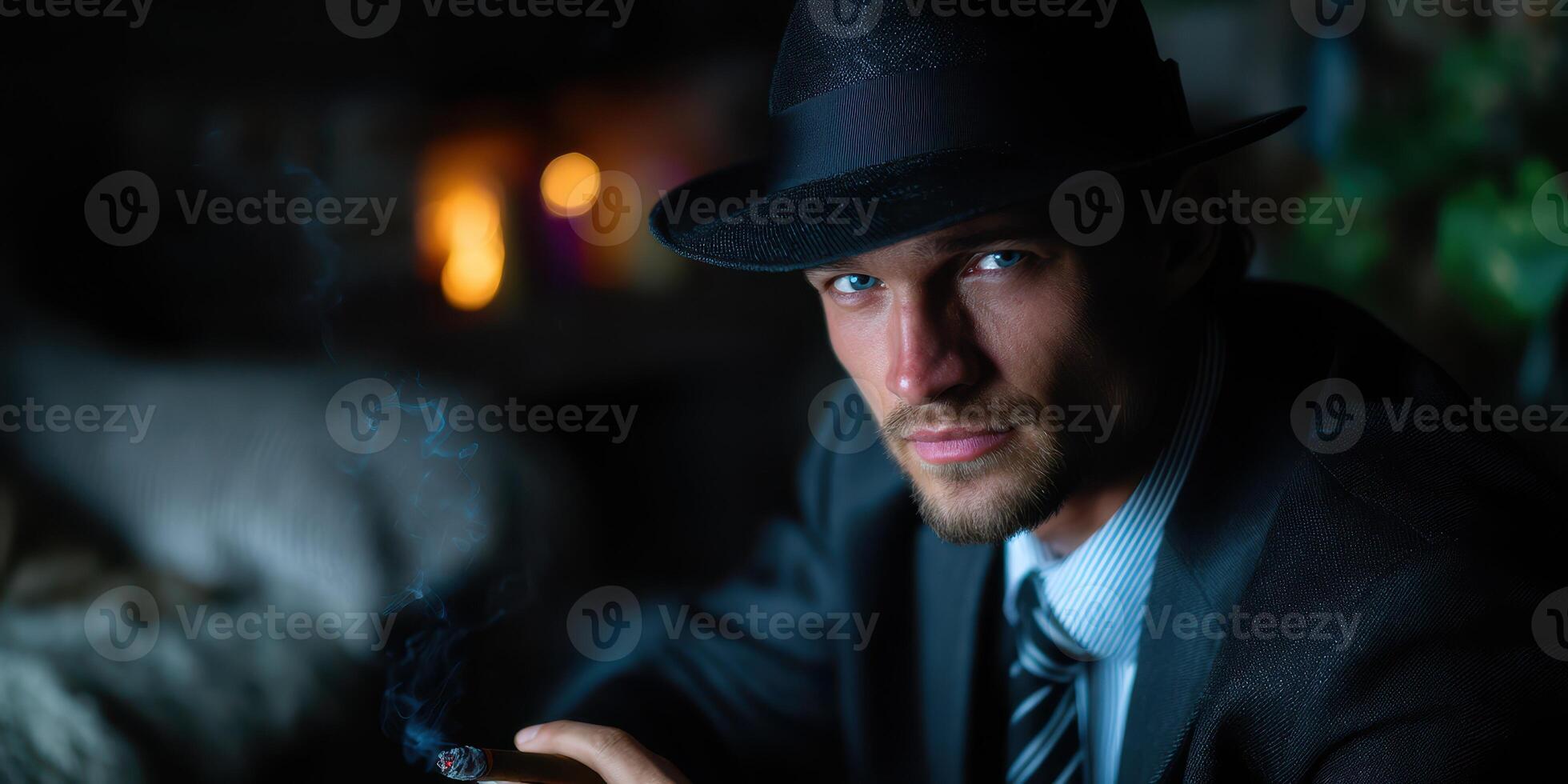 Stylish man in fedora enjoys cigar while sitting in dimly lit lounge during evening photo