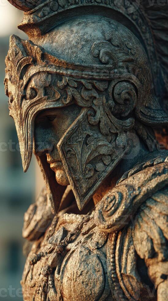 Intricate statue of a warrior captured in warm light with detailed armor and helmet at sunset in an urban setting photo