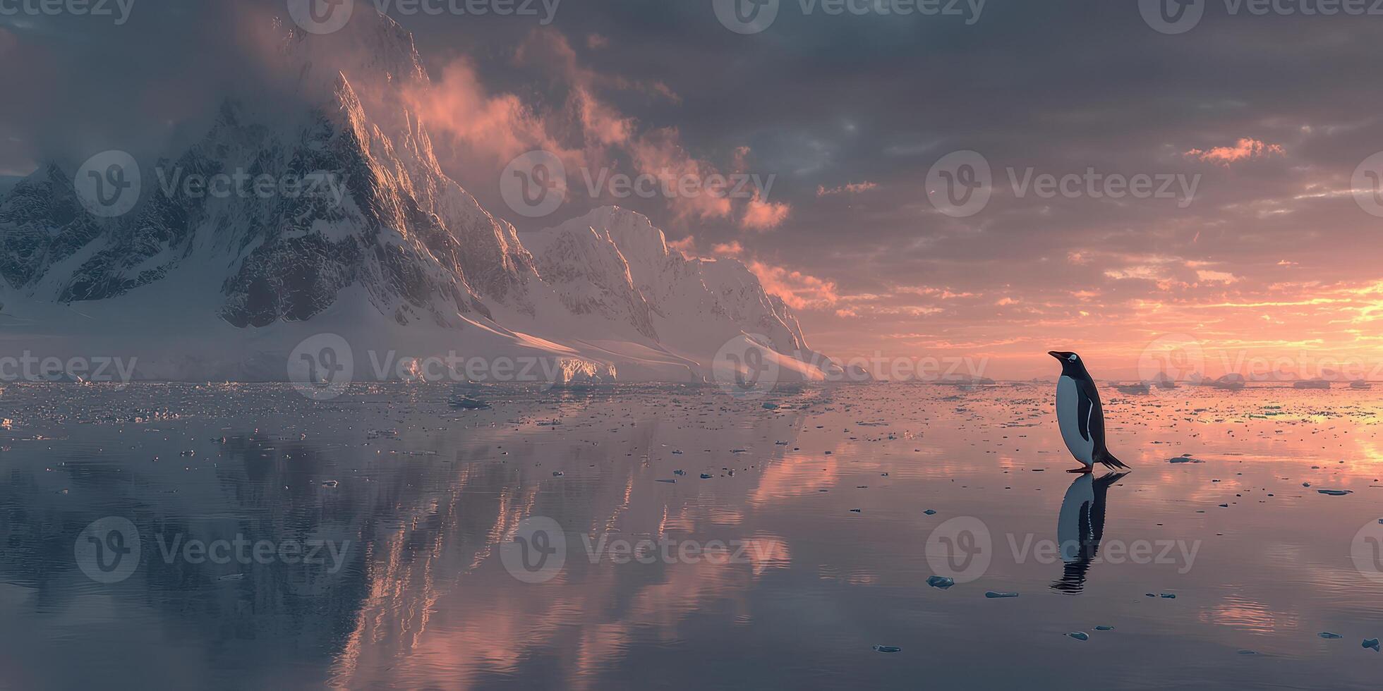 Penguin stands alone on reflective ice as the sun sets behind majestic mountains in a serene Antarctic landscape photo