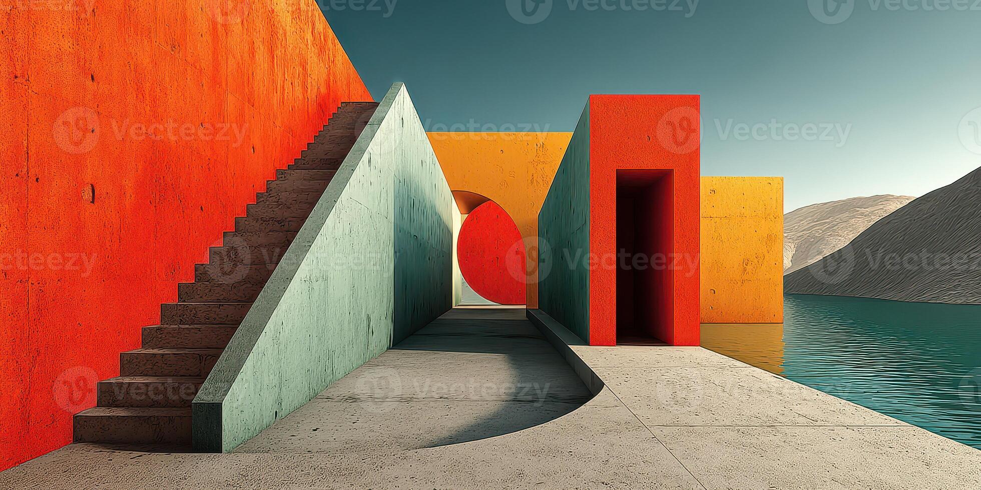 Vibrant architectural landscape with colorful structures beside still water in a serene setting at dawn photo