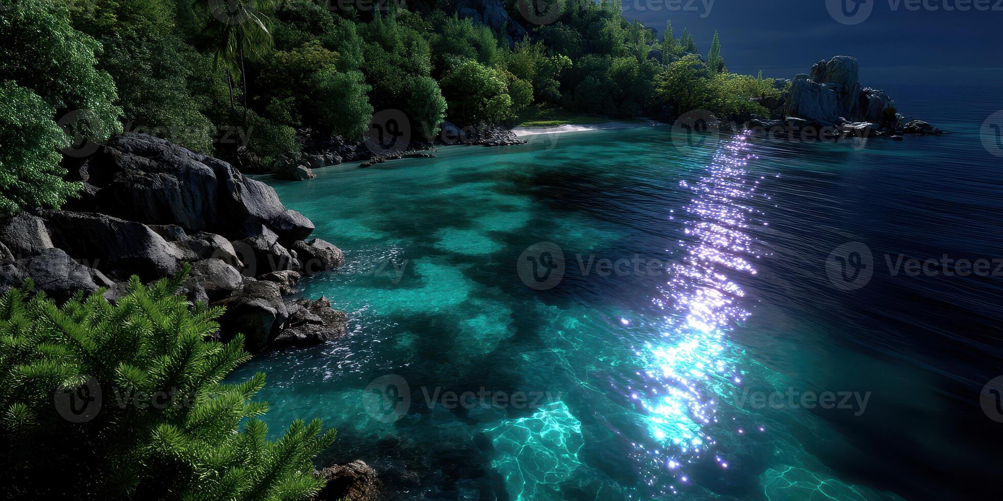 Serene night landscape featuring a tranquil coastal bay illuminated by moonlight reflecting on calm waters photo