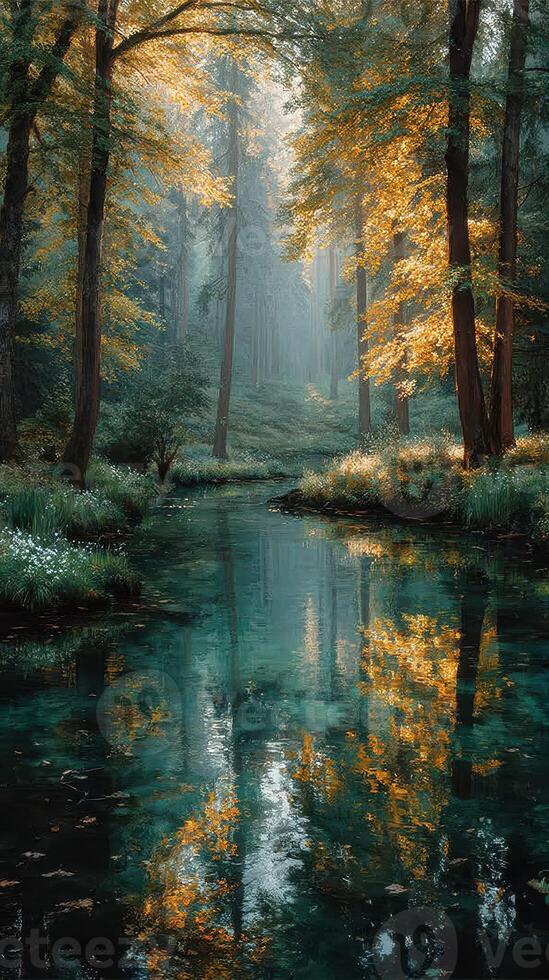 Serene forest landscape with tranquil water reflecting autumn foliage at dawn photo