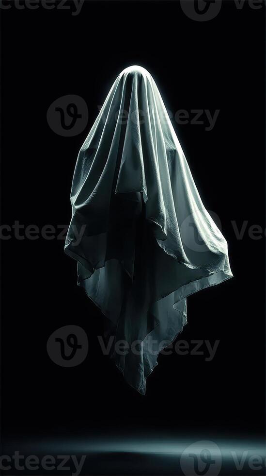 Ethereal figure shrouded in translucent fabric suspended against a dark background photo