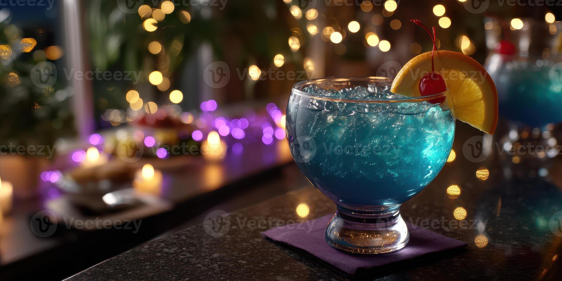 Colorful blue cocktail with cherry and orange slice served at a festive bar during a lively evening photo