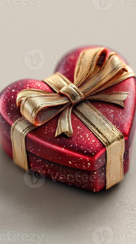 Heart-shaped gift box wrapped in gold ribbon sits on a smooth surface in soft natural light photo