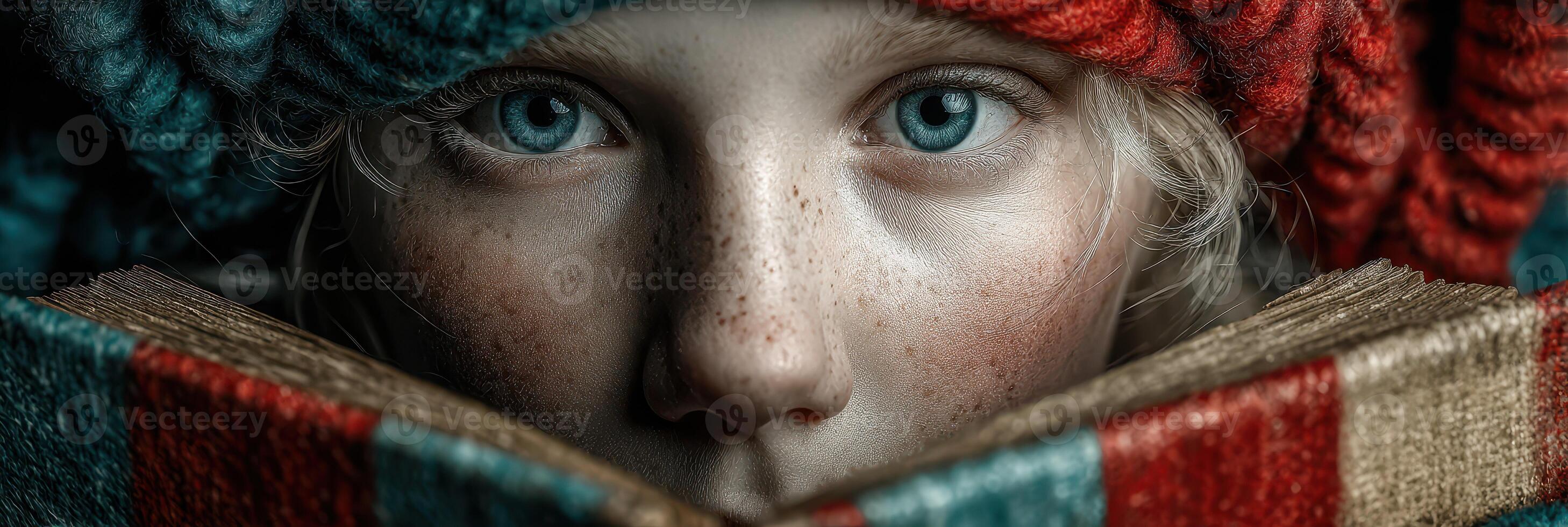 Child with striking blue eyes reading a colorful book while wearing a warm knitted hat in a cozy setting photo