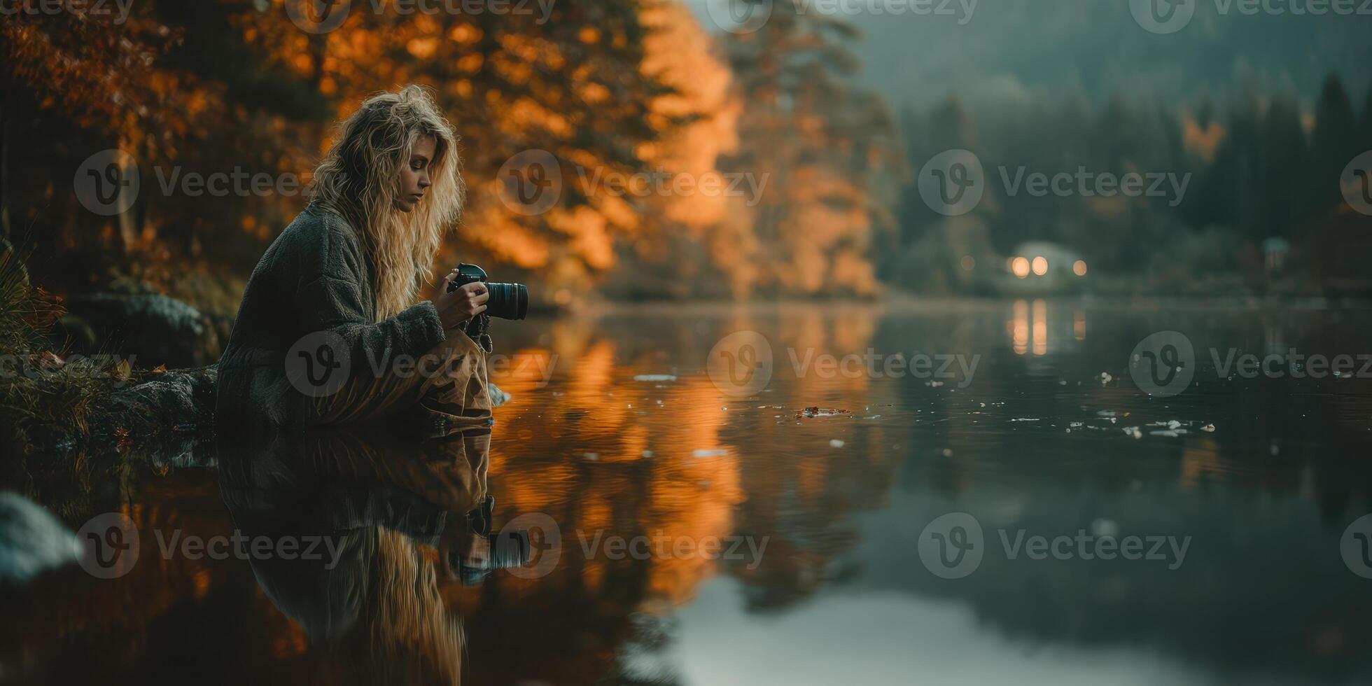 Photographer capturing autumn reflections at a serene lakeside during golden hour photo