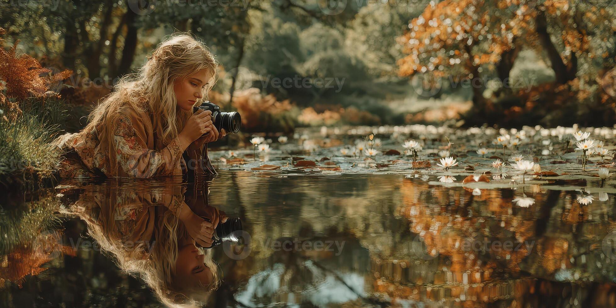 Young woman captures nature's beauty by a serene pond surrounded by autumn foliage and blooming water lilies photo