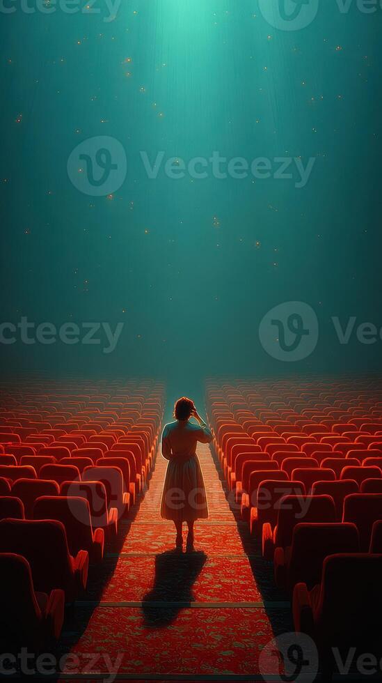 Woman standing in a dimly lit theater surrounded by rows of empty red chairs and a glowing ceiling photo