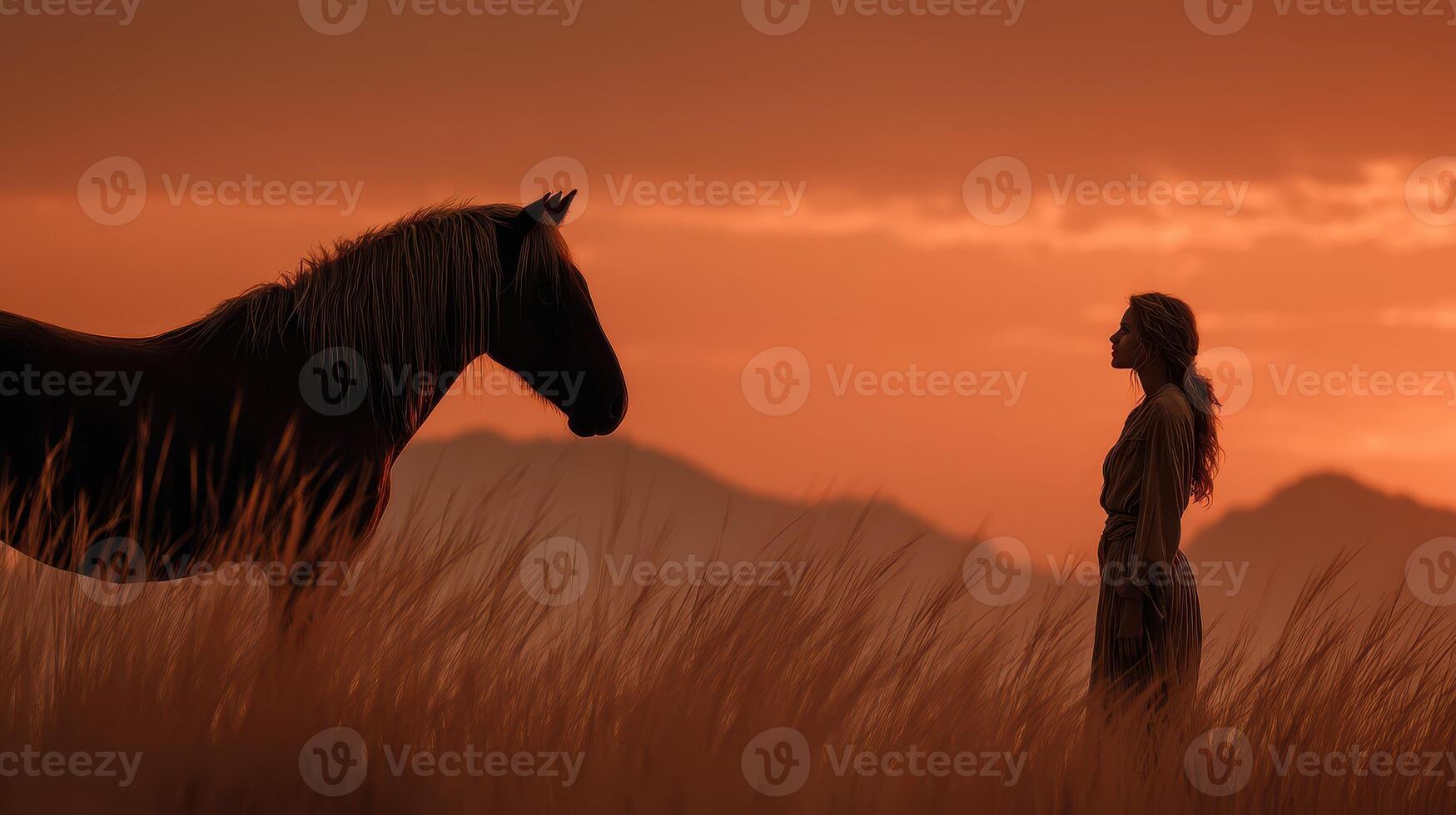 Silhouette of a woman and horse against a sunset in an open field with distant mountains photo