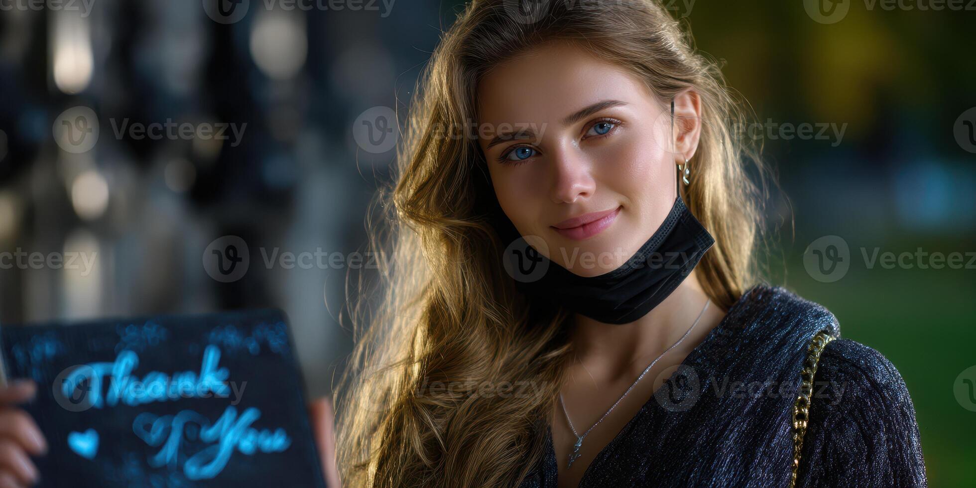 Young woman expresses gratitude with heartfelt sign during evening in a serene outdoor setting photo