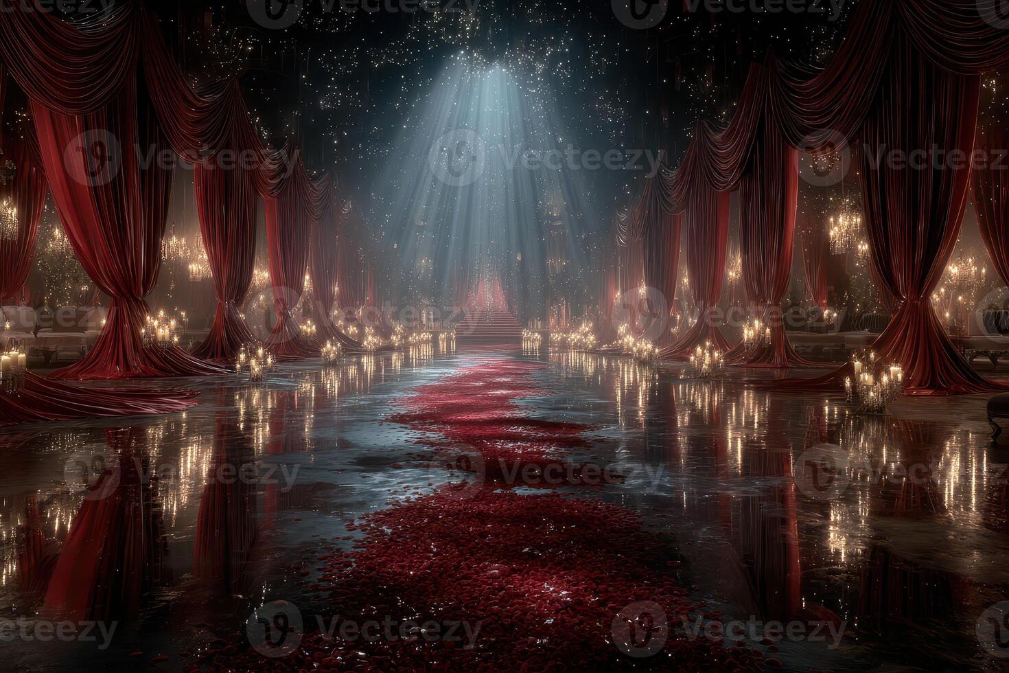 Elegant indoor setting illuminated by soft light with red drapery and rose petals creating a romantic atmosphere photo
