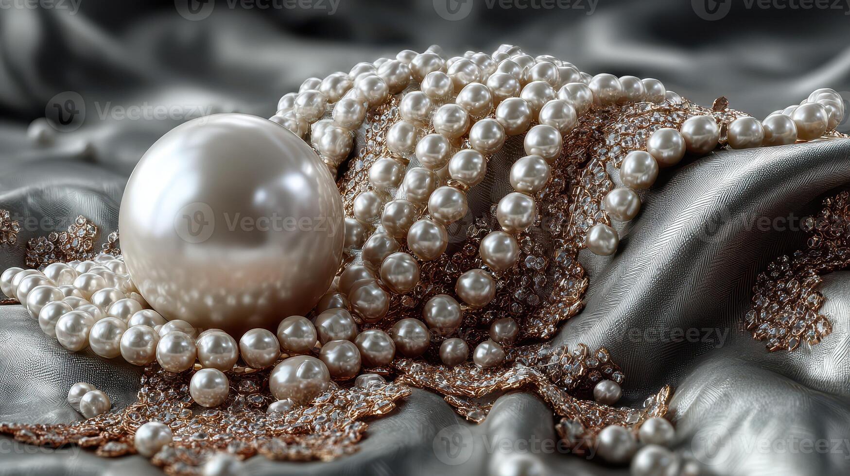 Elegant arrangement of pearls and a large pearl on a satin fabric background emphasizing luxury and beauty photo