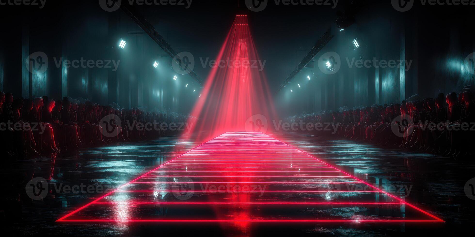 Spectacular light display illuminates runway during a fashion event in an industrial venue at night photo