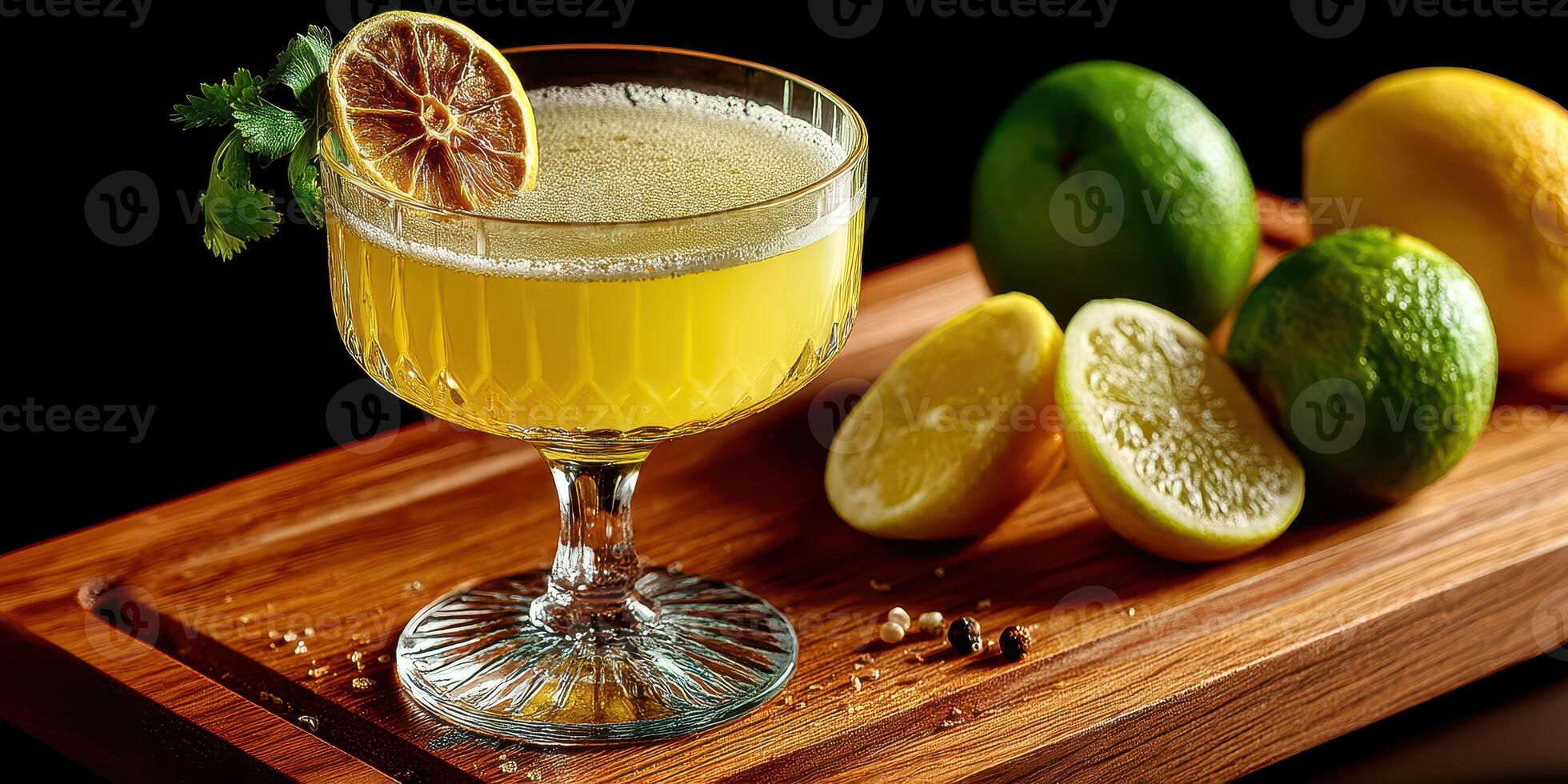 Refreshing yellow cocktail served in a crystal glass with citrus fruits on wooden cutting board photo