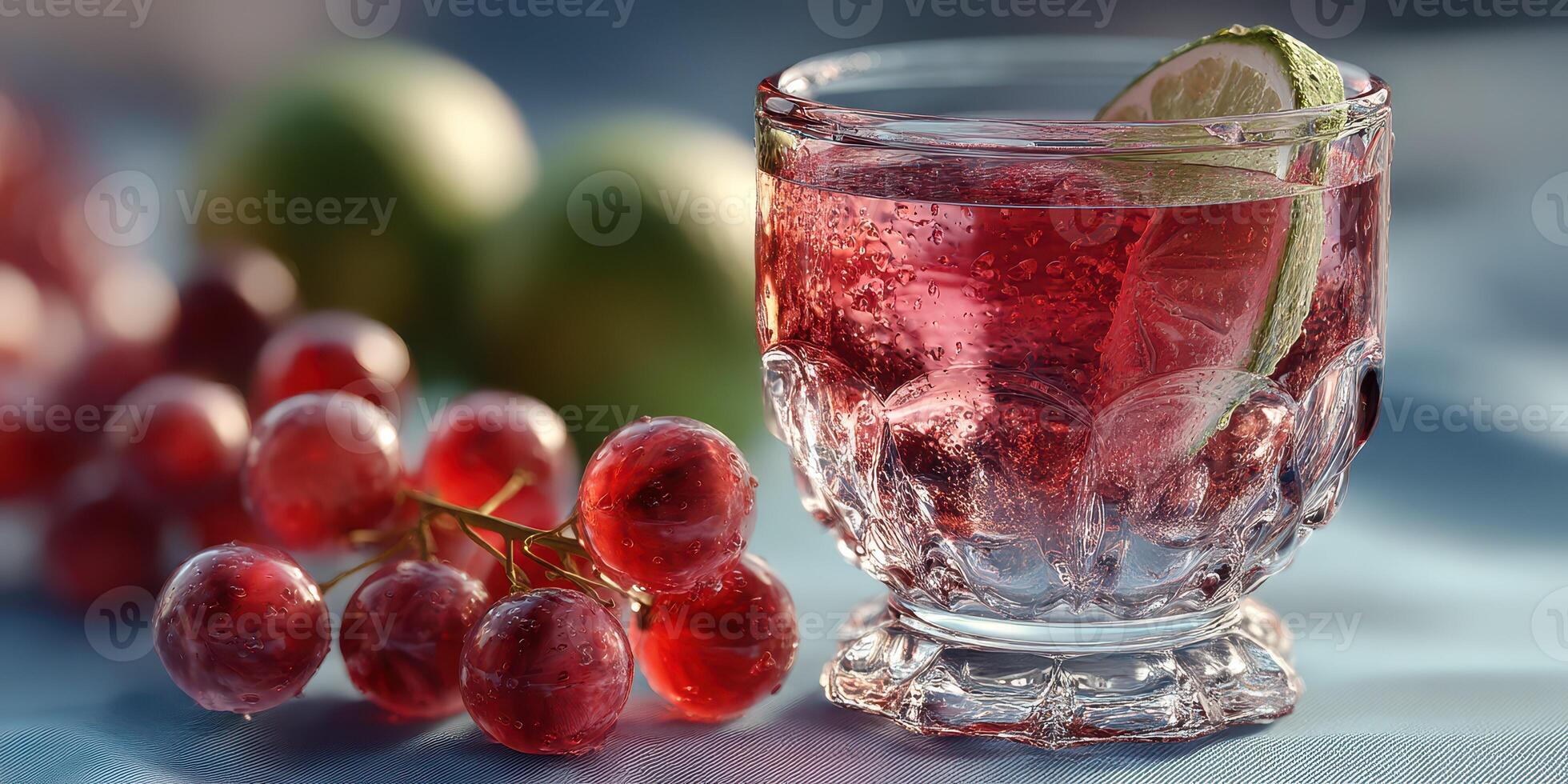 Refreshing drink garnished with lime and surrounded by grapes on a blue table photo